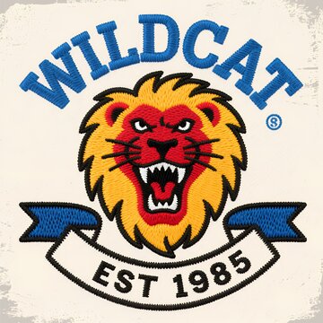 Wildcat Emblem: Vintage 1985 Lion Head Logo with Blue Banner