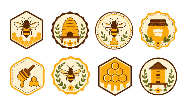 Set of honey and bee labels with beehive and jar icons