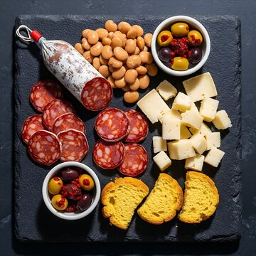  authentic Portuguese Petiscos charcuterie board on a dark volcanic rock slab. Highlight: Chouri�o Seco and S�o Jorge cheese. Elements: Slices of cured paprika garlic pork sausage,