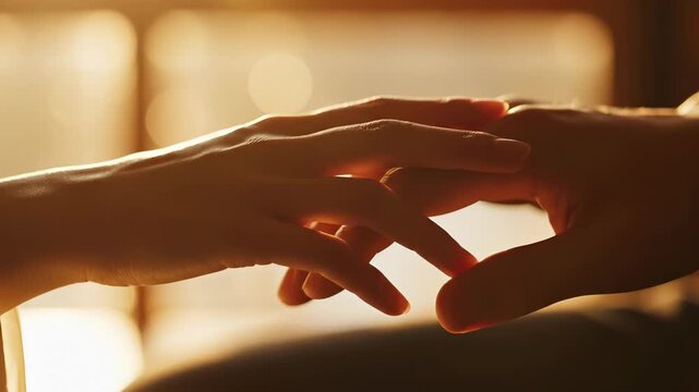 Intimate connection between two hands reaching out. Warm sunlight creates a romantic atmosphere. Moments of love and tenderness captured in soft focus. Perfect for love stories and relationships.