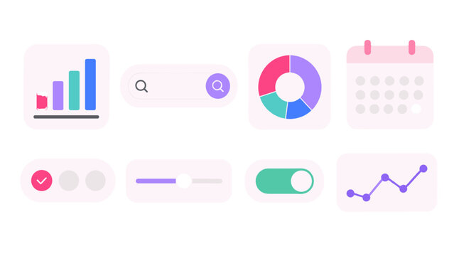 Pastel dashboard interface elements set with charts and controls
