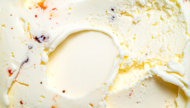 Scooped vanilla ice cream with mixed berry pieces close