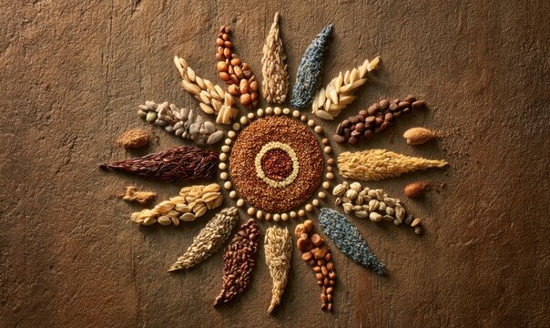 Organic grains form radiant sun pattern against textured background