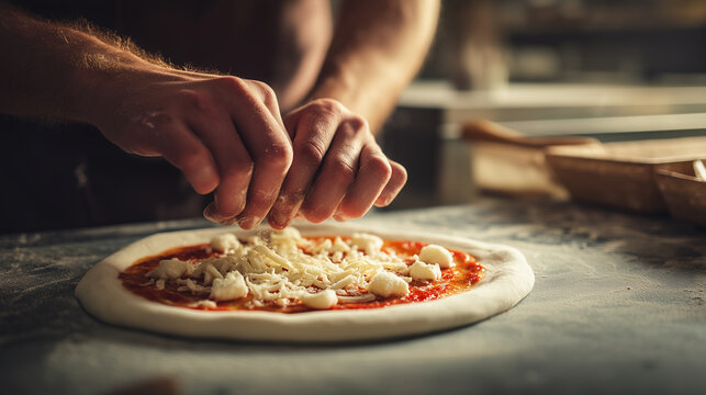 Professional pizza maker topping fresh dough with cheese in warm pizzeria kitchen, handmade Italian pizza preparation, tomato sauce, mozzarella, chef hands, restaurant cooking, art