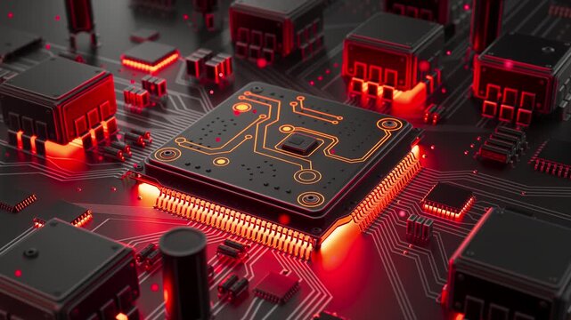 Detailed 3D animation featuring a futuristic electronic processor with illuminated circuitry and modern cyber aesthetics. High-tech visual for digital innovation and AI technology themes.