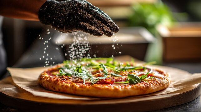 Fresh gourmet pizza with falling parmesan and herbs, chef hand seasoning baked Italian pizza, warm pizzeria kitchen, crispy crust, restaurant food photography, artisan cooking and