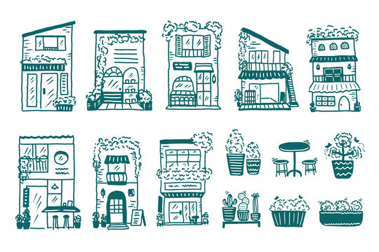 Hand Drawn Urban Storefront and Garden Elements Vector Set