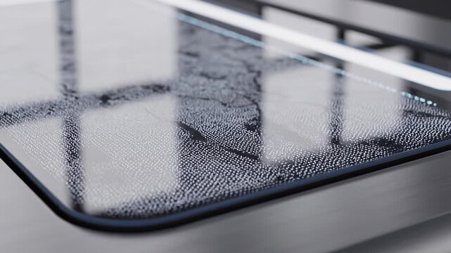 Detailed close-up of a grey textured mesh mat with reflections on a metallic surface.