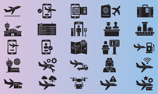Collection of detailed travel and airport icons including airplanes luggage and checkin services