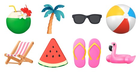 Fototapeta na wymiar Colorful summer icons: coconut, palm, sunglasses, ball, and more.
