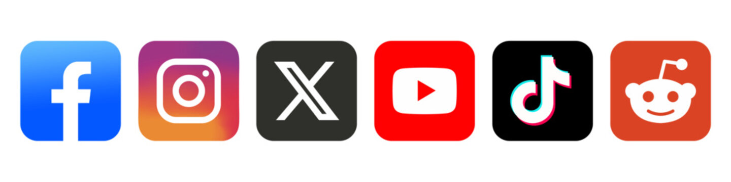 social media icons, social network logos, facebook icon, instagram logo, x twitter icon, youtube logo, tiktok icon, reddit logo, social media collection, digital marketing vector