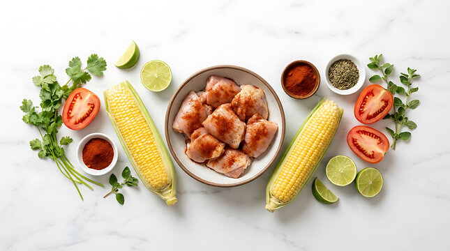 Fresh ingredients for a healthy meal chicken, corn, tomatoes, lime, and spices on a marble surface