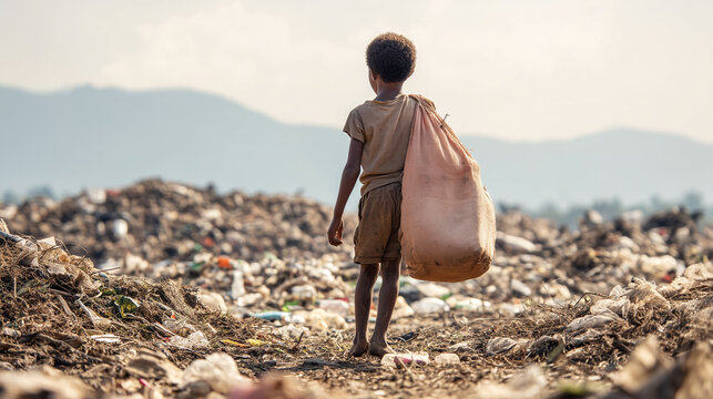 Young child collecting waste in large landfill, poverty and environmental pollution awareness, vulnerable childhood, plastic waste crisis, humanitarian documentary photography, soc