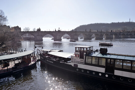 Prague, Czechia. June 6, 2026. View of Vltava river with boats in Prague