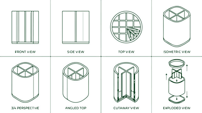 Technical drawings of a structure showing front side top isometric 3/4 perspective cutaway and exploded views.
