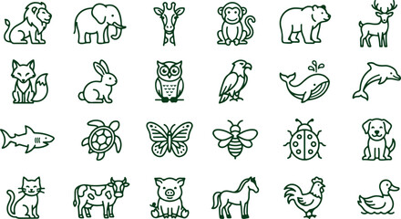 Set of simple line art animal icons lion elephant giraffe monkey bear deer fox rabbit owl eagle whale dolphin shark turtle butterfly bee ladybug dog cat cow pig horse chicken duck. © Sadhin