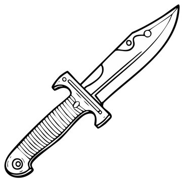 Hand drawn illustration of a combat knife with a serrated edge and a detailed handle
