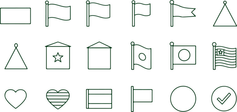 Set of simple line art icons including flags shapes heart and checkmark representing national symbols and general signs.