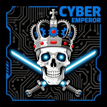 Cyber Emperor: Neon Skull Crown with Circuit Board and Plasma Swords