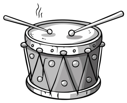 Cartoon snare drum with drumsticks and emanating sound waves