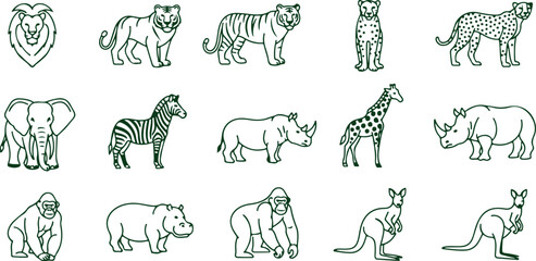 Safari animals line art icons lion tiger elephant zebra giraffe rhino and kangaroo vector collection. © Sadhin