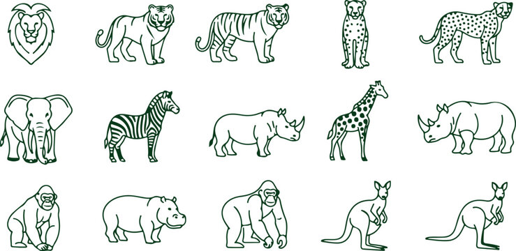 Safari animals line art icons lion tiger elephant zebra giraffe rhino and kangaroo vector collection.