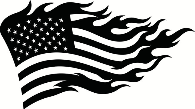 American flag, burning flag, flaming USA flag, patriotic symbol, vector icon