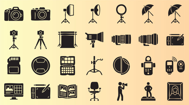 Comprehensive collection of photography and videography icons with various equipment and accessories illustration