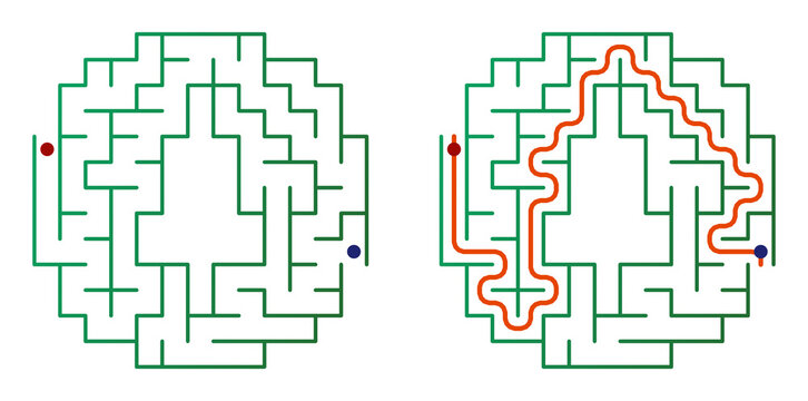 Simple geometric labyrinth with Christmas tree-shaped hole and path 