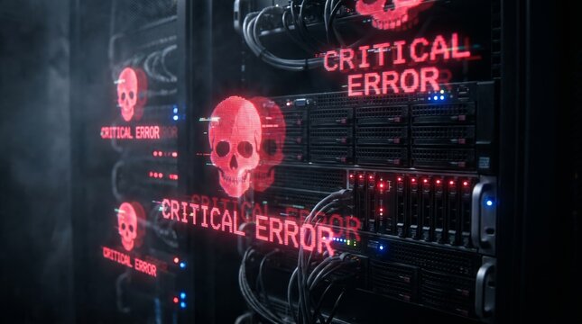 Cybersecurity Alert Critical Error Messages and Skull Icons Displayed on Server Racks