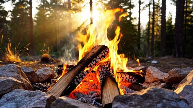 Warm campfire burning in a stone pit within a pine forest at sunset.