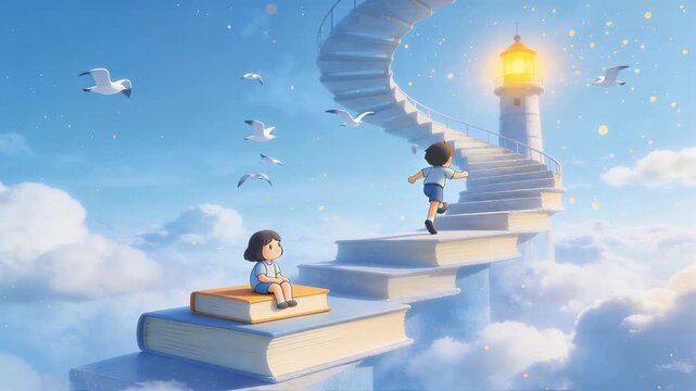 Illustration of Cartoon Professionals Ascending Book Staircase Towards Lighthouse of Success