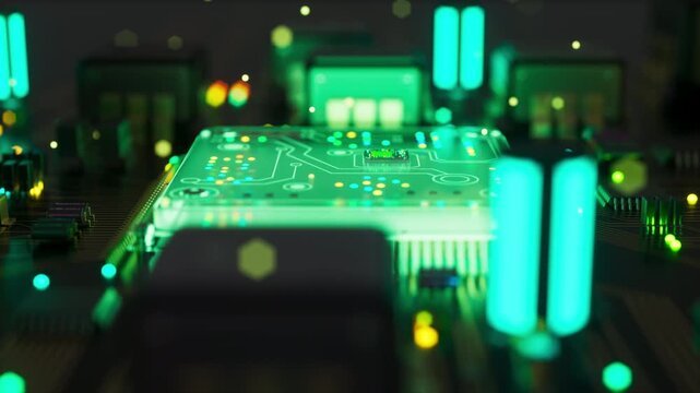 Abstract 3d animation of a futuristic motherboard with an illuminated processor and neon electronic components. Artificial intelligence and digital computing concept.