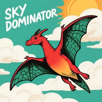 Sky Dominator: Vibrant Pterosaur Soaring Through Clouds Art