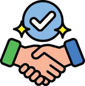 a very minimal simple vector cartoon illustration of two hands clasped in a handshake, with a bright green sleeve cuff on the left side and a medium blue sleeve cuff on the right side, topped by a lar
