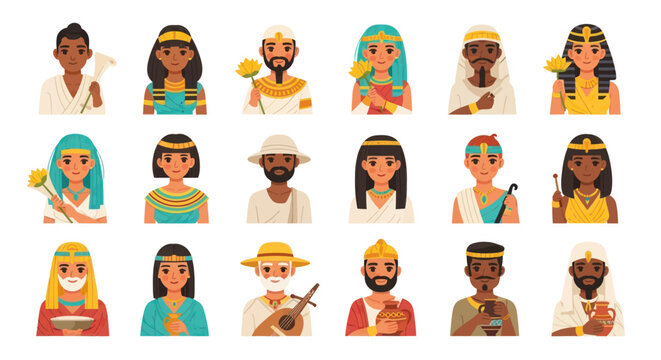 Ancient Egyptian Flat Cartoon People Avatars. Diverse Historical Character Icons for Culture and Education