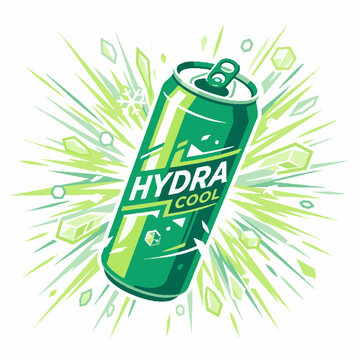 Dynamic vector illustration of a green energy drink can with explosive splash effect and ice crystals.