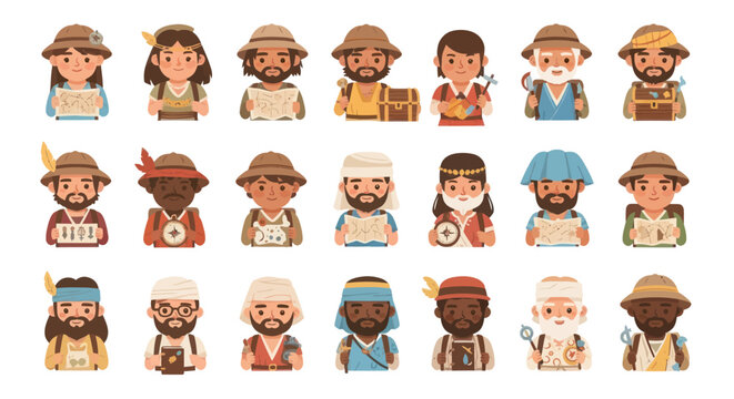 Flat Vector Illustration Set of Historical and Biblical Explorer Characters with Maps and Tools