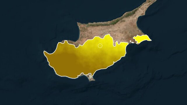 Cyprus Map Highlighted on Satellite Earth View with Glowing Country Border Animation.
Glowing Cyprus Map Outline on Geographic Earth Surface.