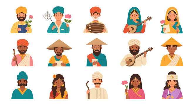Flat Vector Illustration of Diverse Indian and South Asian People  Traditional Cultural Characters