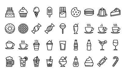 Naklejka premium Dessert and Drinks Minimal Outline Icon Pack with Editable Stroke Sweet Food Symbols