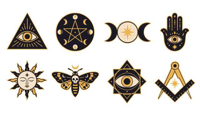 Set of mystical occult symbols in black and gold vector style