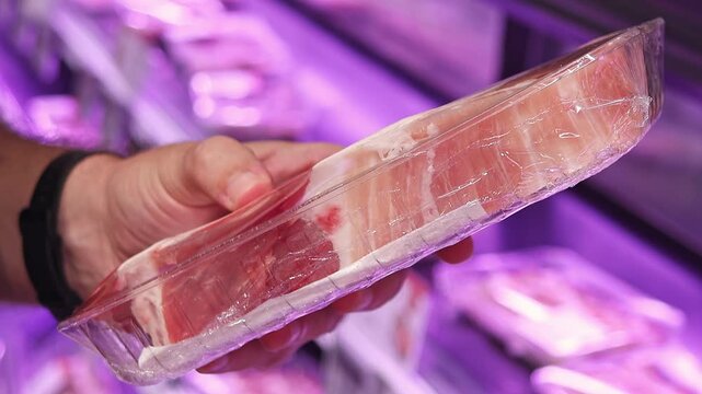 Customer holding packaged pork cut in supermarket meat section. Inspecting fresh raw product before purchase, close up grocery shopping scene, refrigerated retail display, consumer quality assessment.