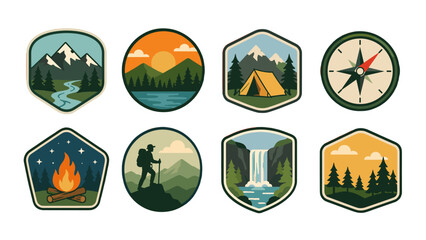 Set of outdoor adventure badges with mountains, campfire and compass © icon_art