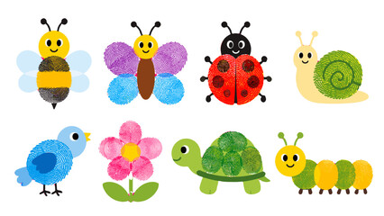 Cute fingerprint animal and flower illustrations set on white © icon_art