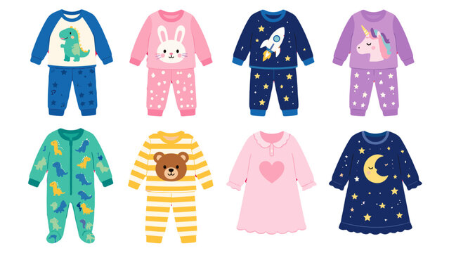 Collection of colorful children's sleepwear and pajama outfits