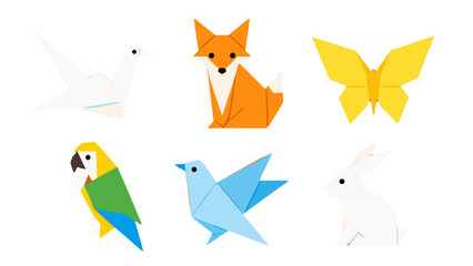 Obraz premium Set of colorful origami animals and birds on white background