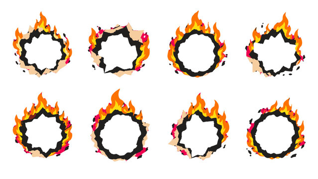 Set of burning torn paper hole frames with flames