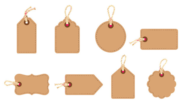 Set of blank brown gift tags in assorted shapes with string