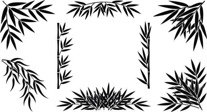 Bamboo leaves and stalks arranged in decorative borders and corners for graphic design elements